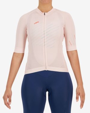 Front view of the womens octane cycle jersey in the blush chevron design made by Enjoy.cc