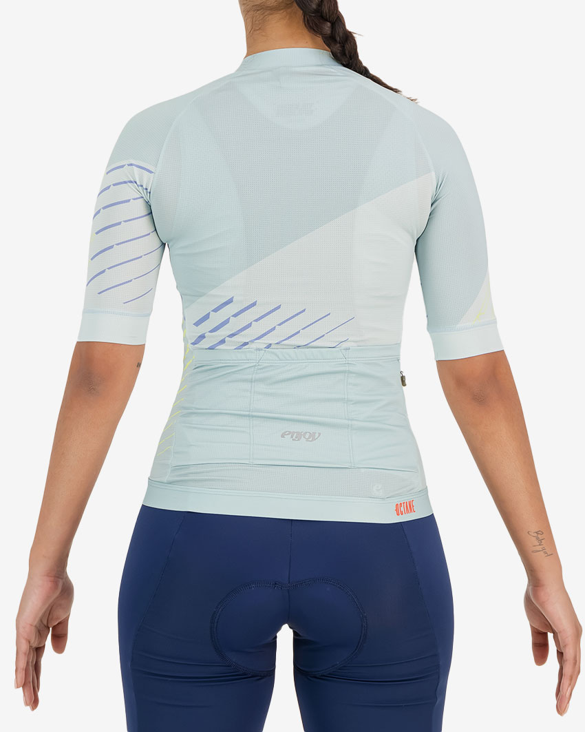 Back view of the womens octane cycle jersey in the ice blue chevron design made by Enjoy.cc