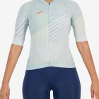 Front view of the womens octane cycle jersey in the ice blue chevron design made by Enjoy.cc