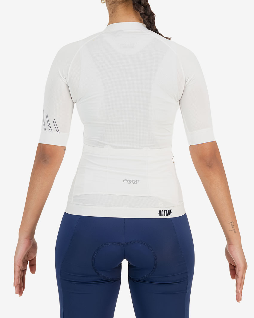 Back view of the womens octane cycle jersey in the white chevron design made by Enjoy.cc
