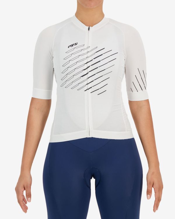 Front view of the womens octane cycle jersey in the white chevron design made by Enjoy.cc