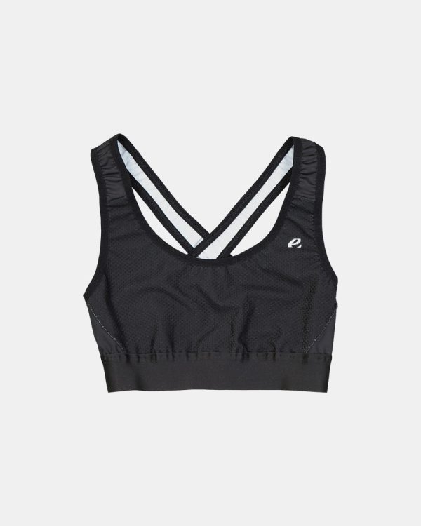 Flat lay view of the womens sports bra in the black emotif design made by Enjoy.cc