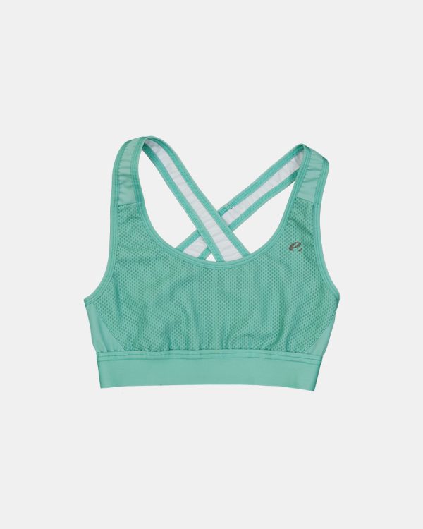 Flat lay view of the womens sports bra in the turquoise emotif design made by Enjoy.cc