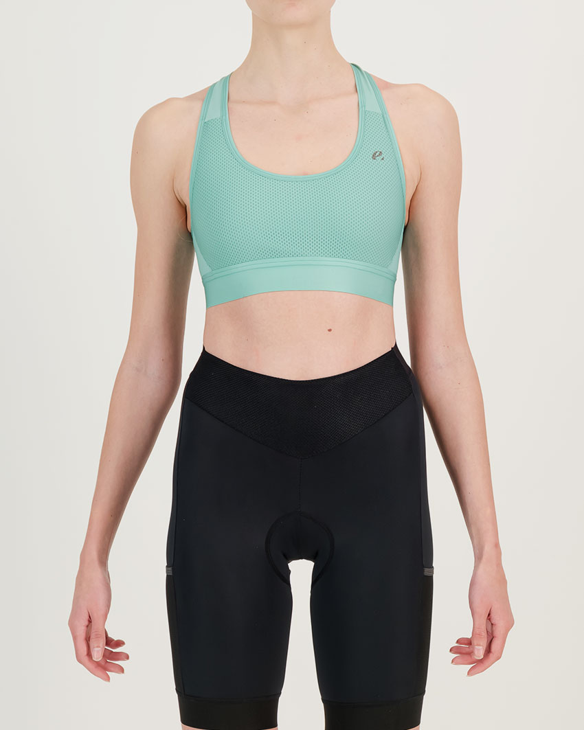 Front view of the womens sports bra in the turquoise emotif design made by Enjoy.cc