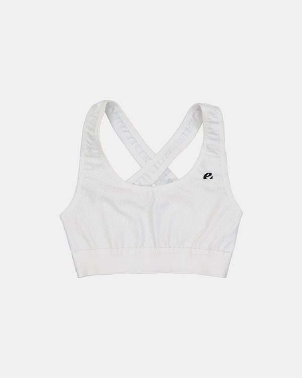 Flat lay view of the womens sports bra in the white emotif design made by Enjoy.cc