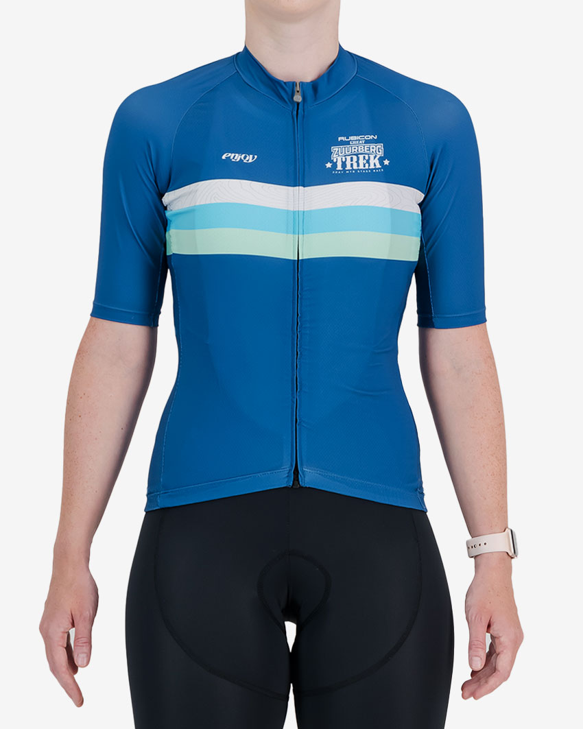 Womens-Cycling-Jersey-Supremium-Great-Zuurberg-Trek-Front Front view of the womens 2024 Great Zuurberg Trek Supremium cycling jersey design made by Enjoy.cc