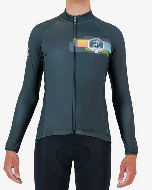 Front view of the mens 2024 Road2Vasco fleeced cocoon cycling jersey made by Enjoy.cc