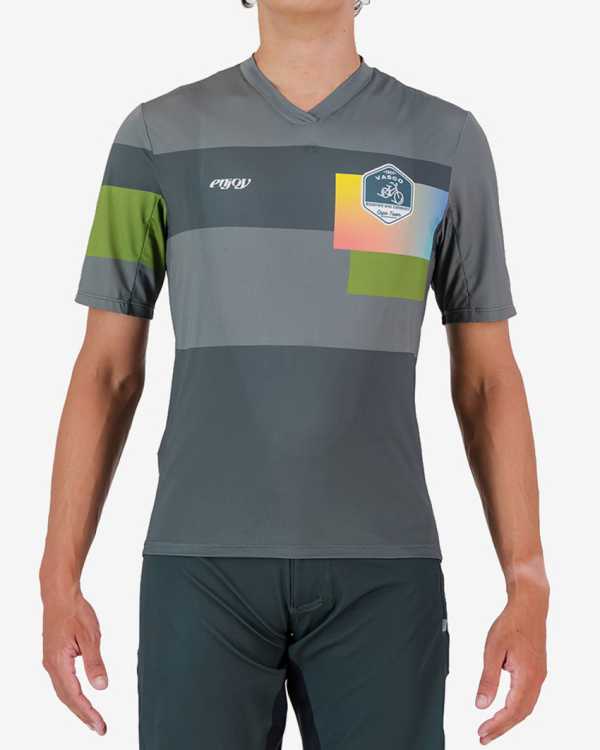 Front view of the 2024 Road2Vasco mens trail tee designed and manufactured by enjoy.cc