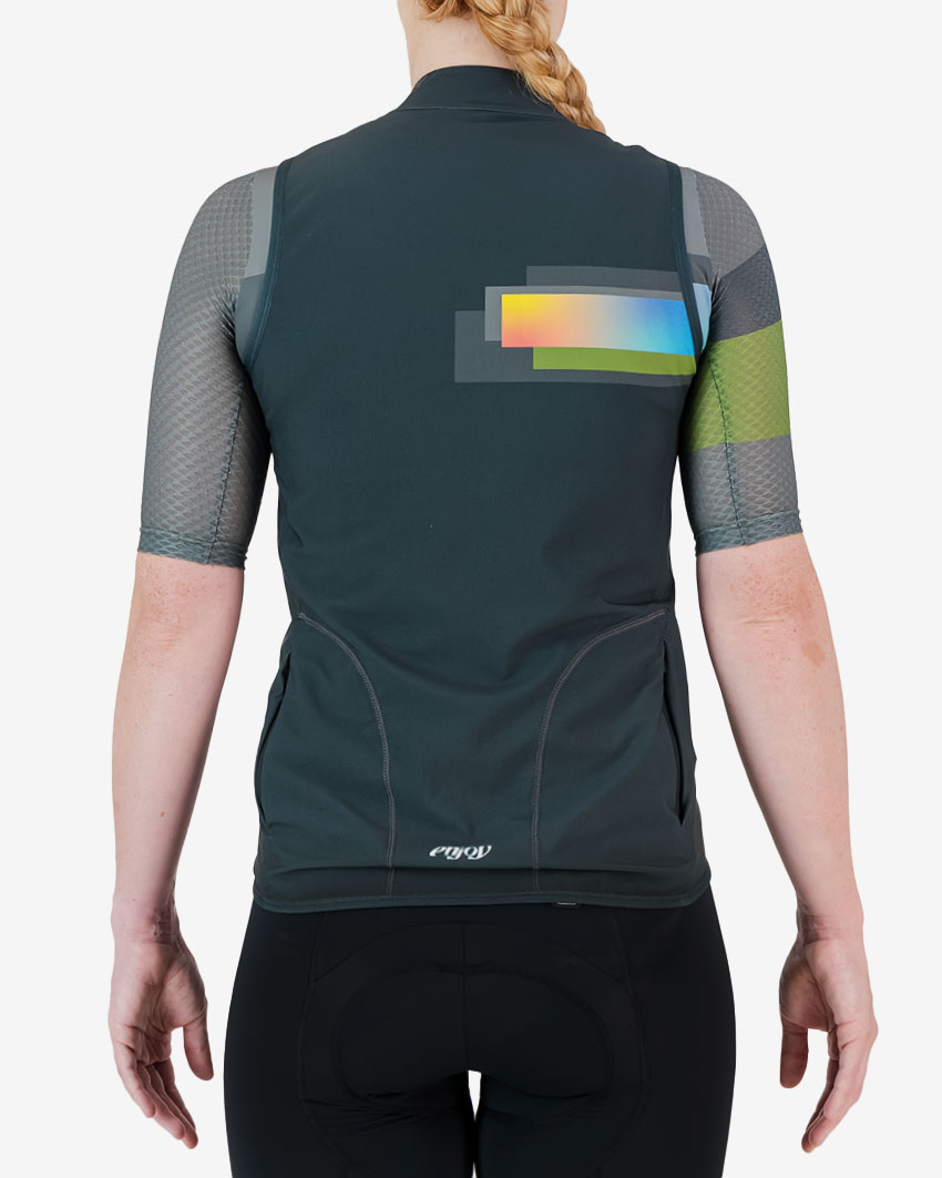 Back view of the 2024 Road2Vasco womens winter cycling gilet made by Enjoy.cc