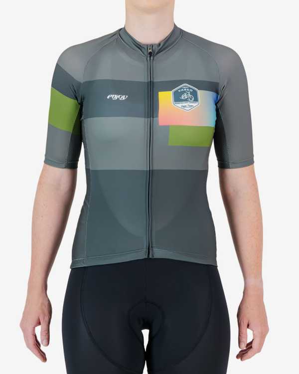 Front view of the womens 2024 Road2Vasco Supremium cycling jersey designed and made by Enjoy.cc