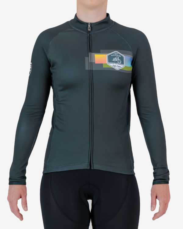 Front view of the womens 2024 Road2Vasco fleeced cocoon cycling jersey made by Enjoy.cc
