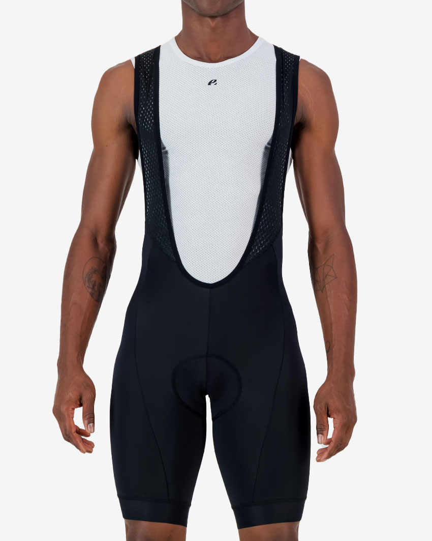 Front view of the Enjoy Dual men's bib short in black with reflective detailing made by enjoy.cc.