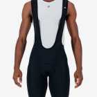 Front view of the Enjoy Octane men's bib short in black with reflective detail made by Enjoy.cc