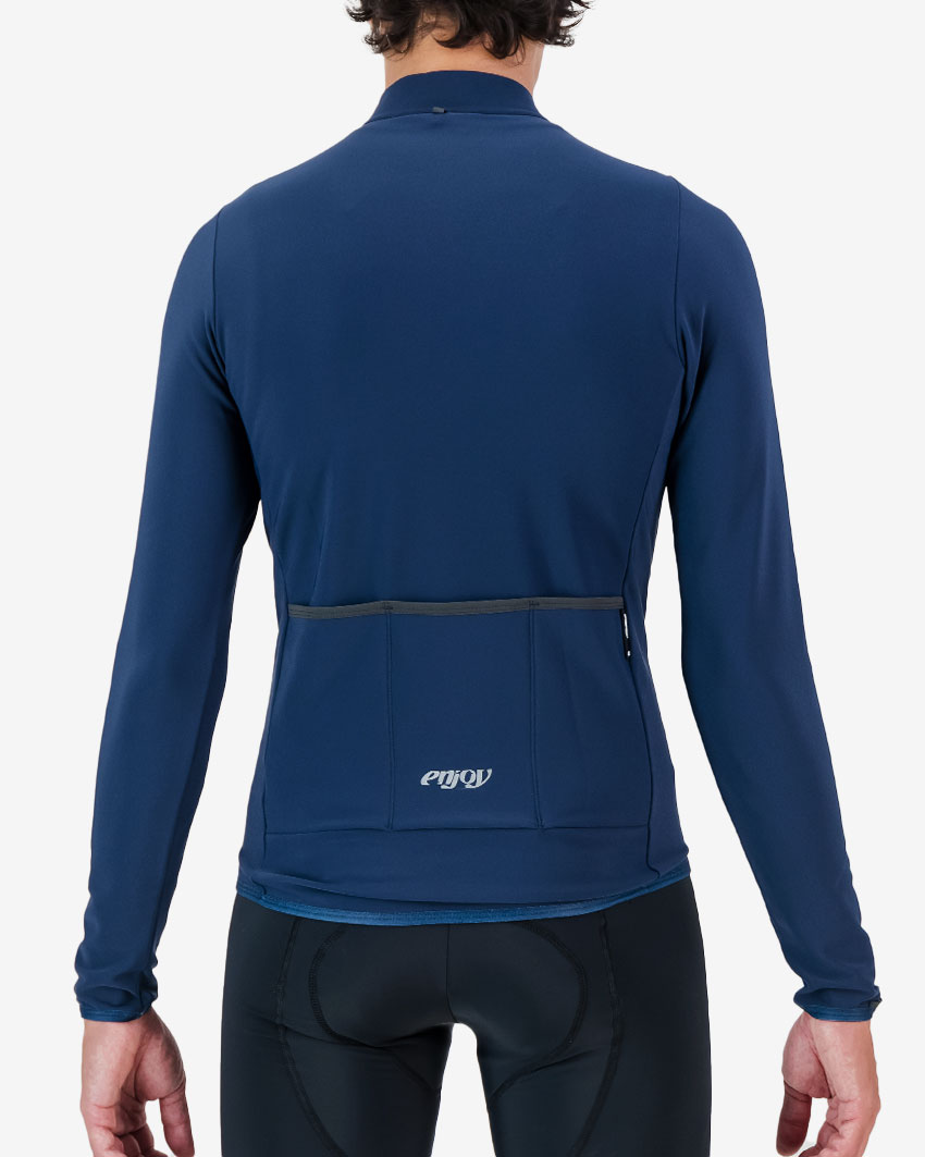 Back of the mens fleeced cycling jersey in Navy with reflective detailing made by enjoy.cc