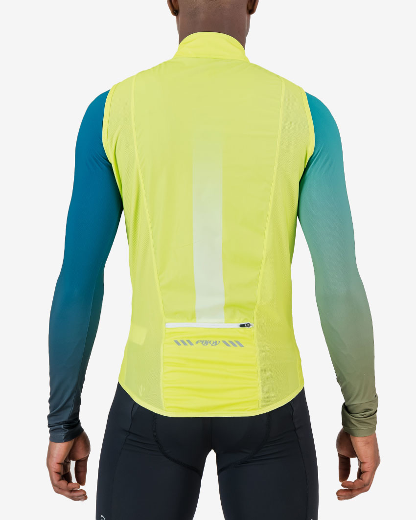 Back of the mens cycling gilet in the Hi-Viz colour way made by Enjoy.cc
