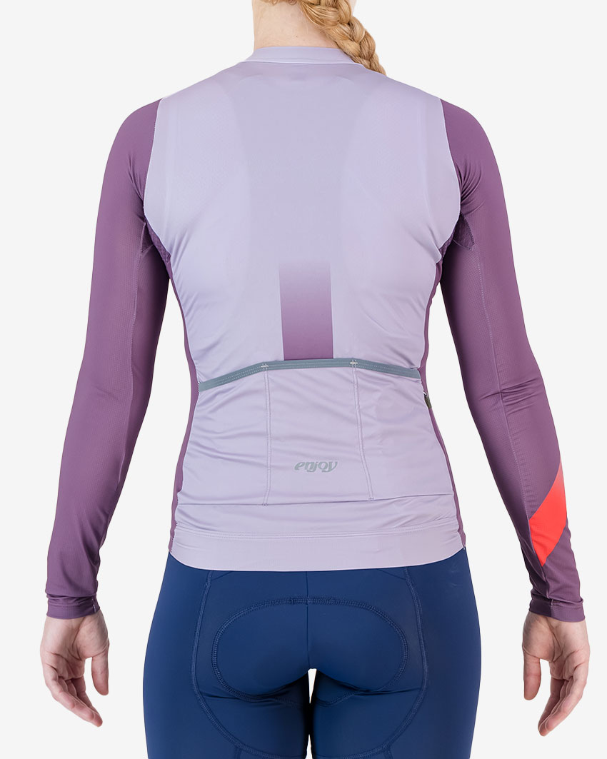 Back of the womens long sleeve ProXision cycle shirt in the Plum colour design made by enjoy.cc