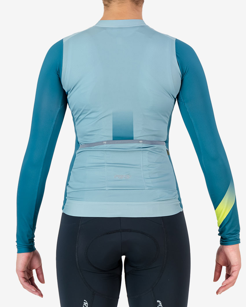 Back of the womens long sleeve ProXision cycle shirt in the Teal colour design made by enjoy.cc