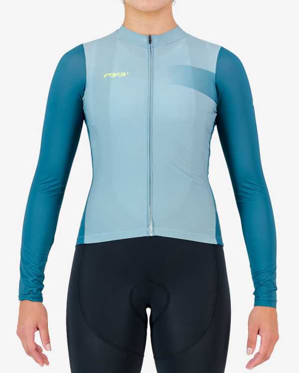 Front of the womens long sleeve ProXision cycle shirt in the Teal colour design made by enjoy.cc