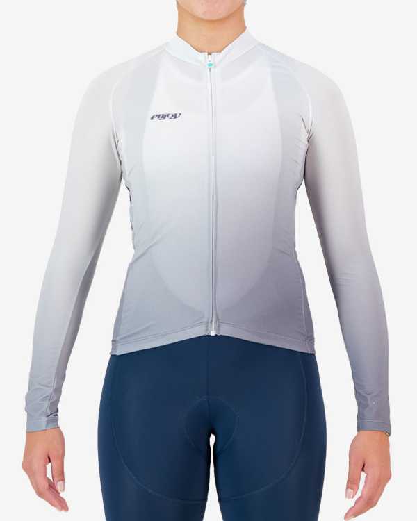 Front of the mens long sleeve Supremium cycling jersey in the Grey gradient design made by enjoy.cc