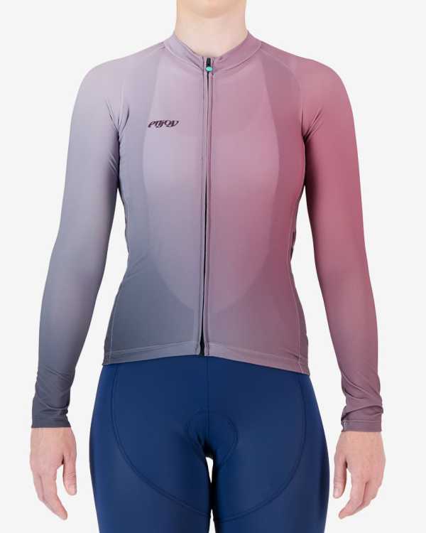 Front of the womens long sleeve Supremium cycling jersey in the Mauve gradient design