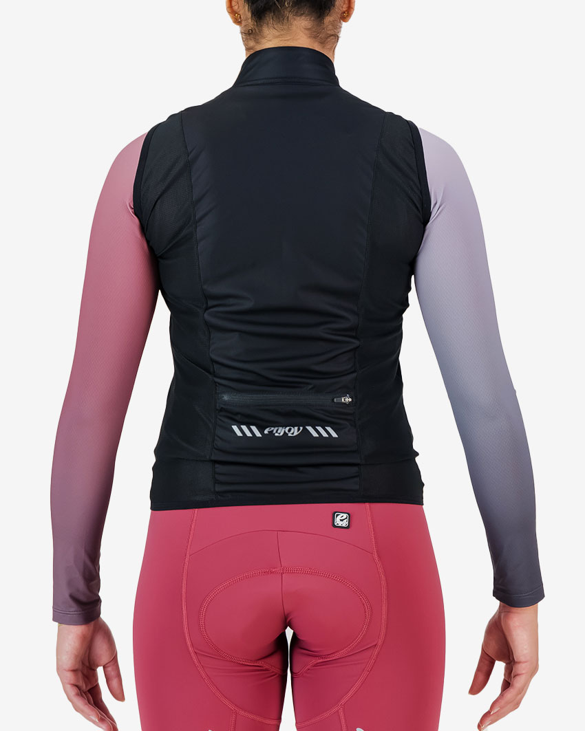 Back of the womens cycling gilet in the black colour way made by Enjoy.cc