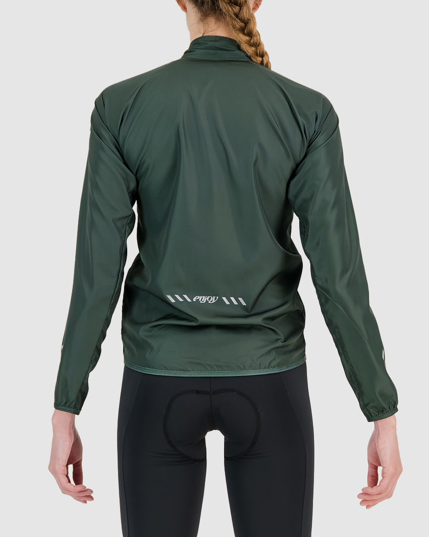 Back view of the womens Forest water resistant atom jacket with reflective detail made by Enjoy.cc