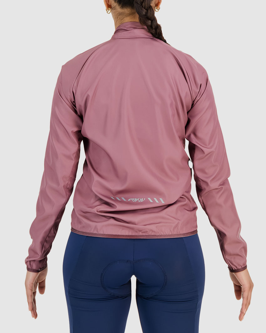 Back view of the womens Mauve water resistant atom jacket with reflective detail made by Enjoy.cc