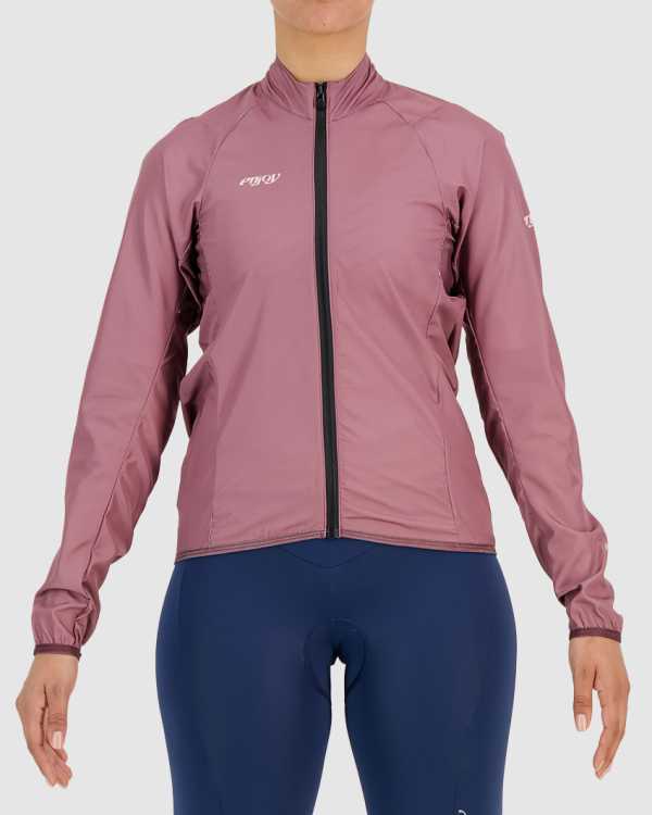 Front view of the womens Mauve water resistant atom jacket with reflective detail made by Enjoy.cc