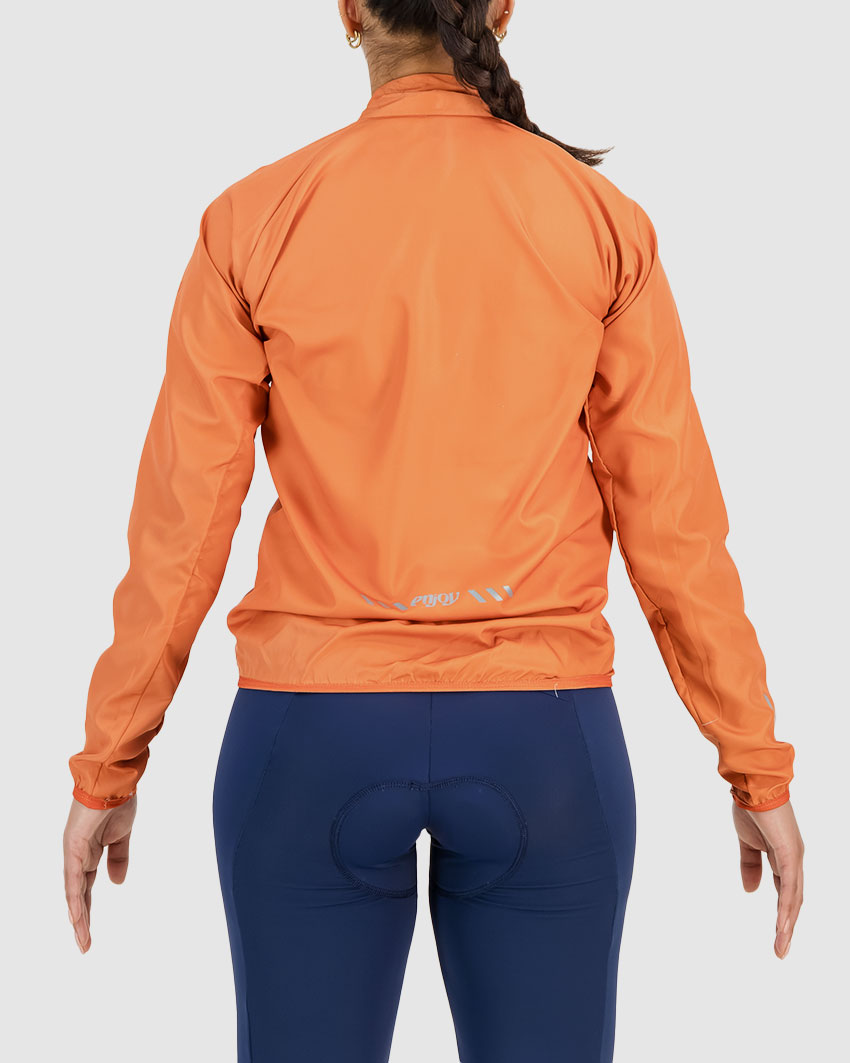 Back view of the womens Orange water resistant atom jacket with reflective detail made by Enjoy.cc
