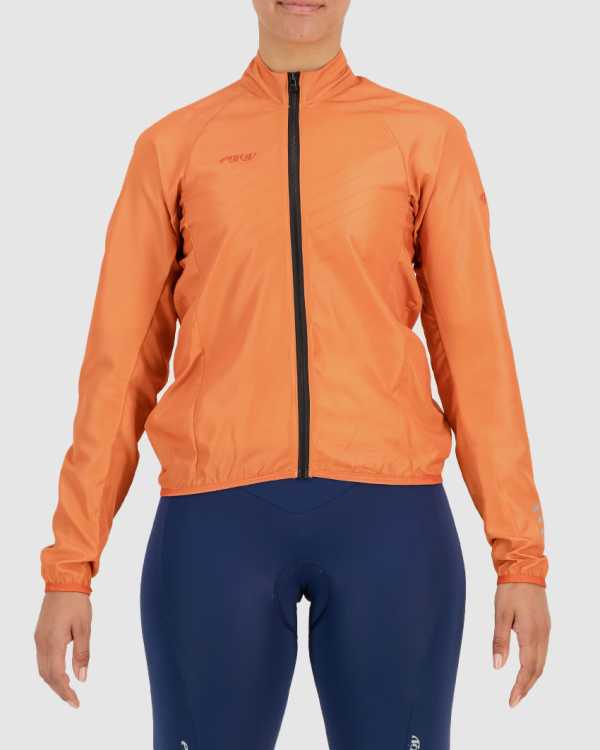 Front view of the womens Orange water resistant atom jacket with reflective detail made by Enjoy.cc
