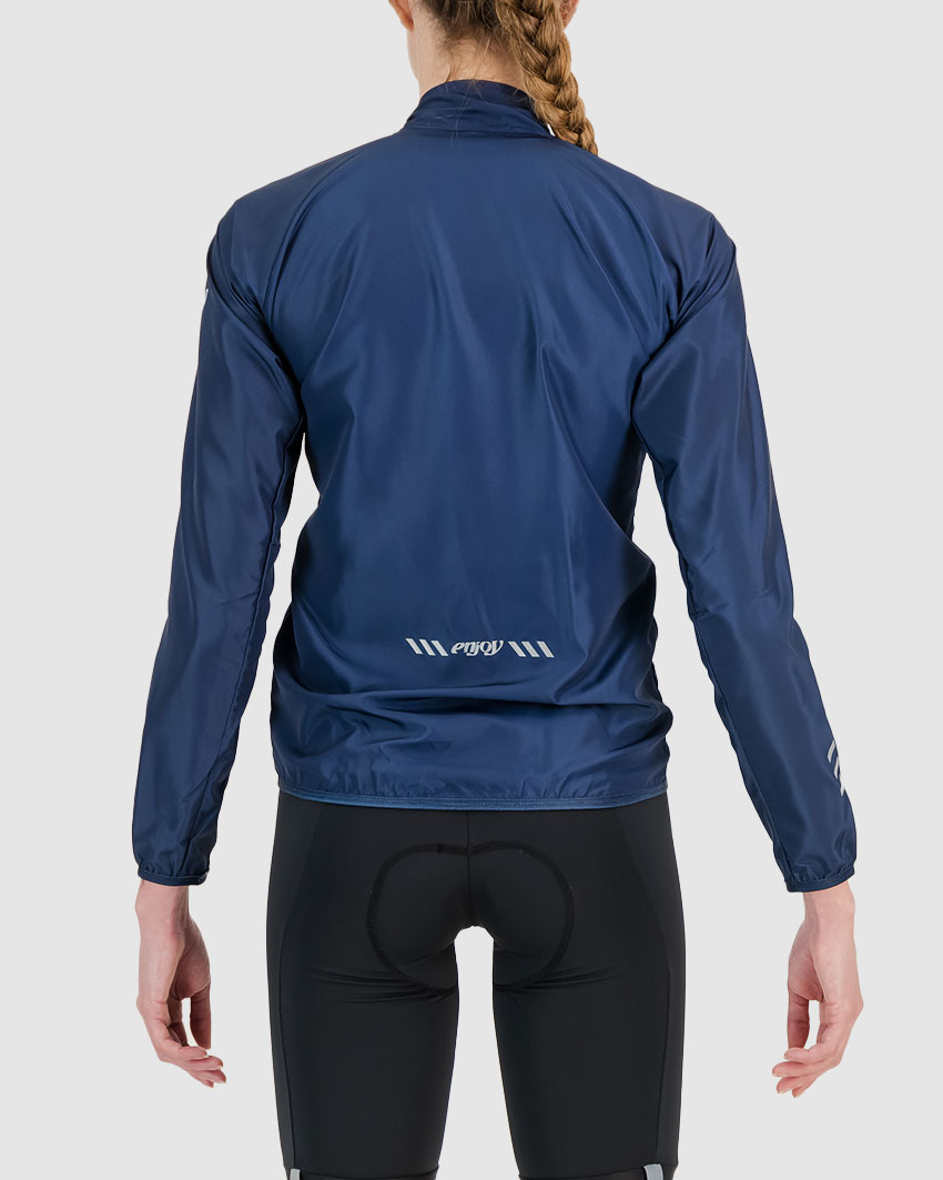 Back view of the womens Petrol water resistant atom jacket with reflective detail made by Enjoy.cc