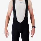 Front view of the Enjoy Dual men's bib short in black with reflective detailing made by enjoy.cc.