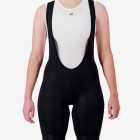 Front view of the Enjoy Dual women's bib short in black with reflective detailing made by enjoy.cc.