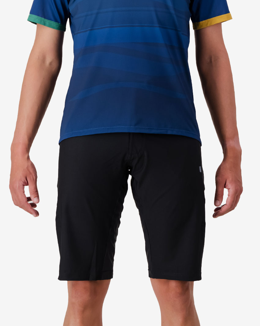 Front view of the Enjoy Aline mens trail short in the Tygerberg MTB club design made by Enjoy.cc