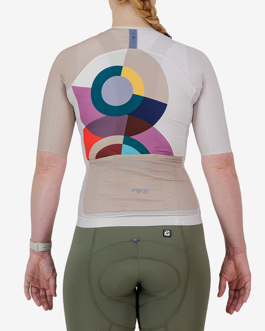 Back view of the Climber Women's cycle jersey in light Saturn design made by enjoy.cc