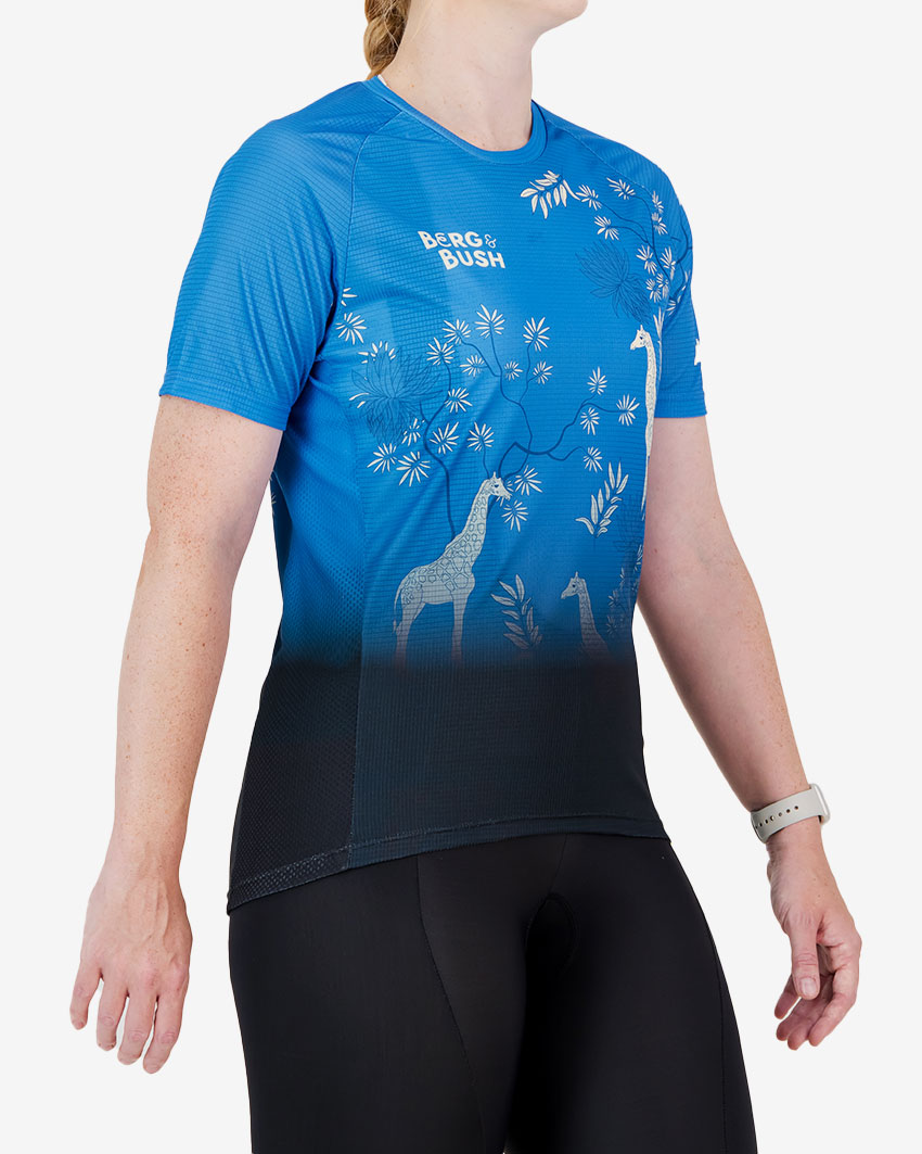 Side view of the Enjoy Mobilitee women's trail tee in the 2025 Berg & Bush design by Enjoy.cc