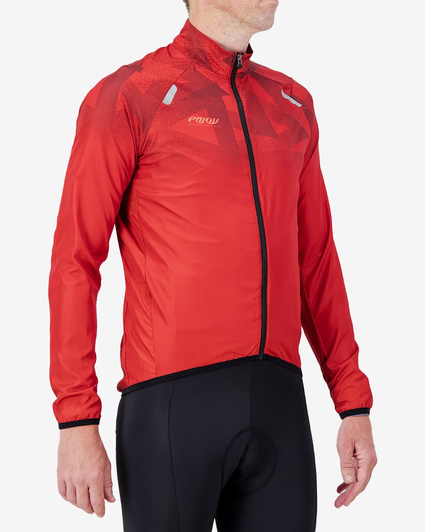 Side view of the Atom mens cycling jacket in graphic Red design by Enjoy.cc