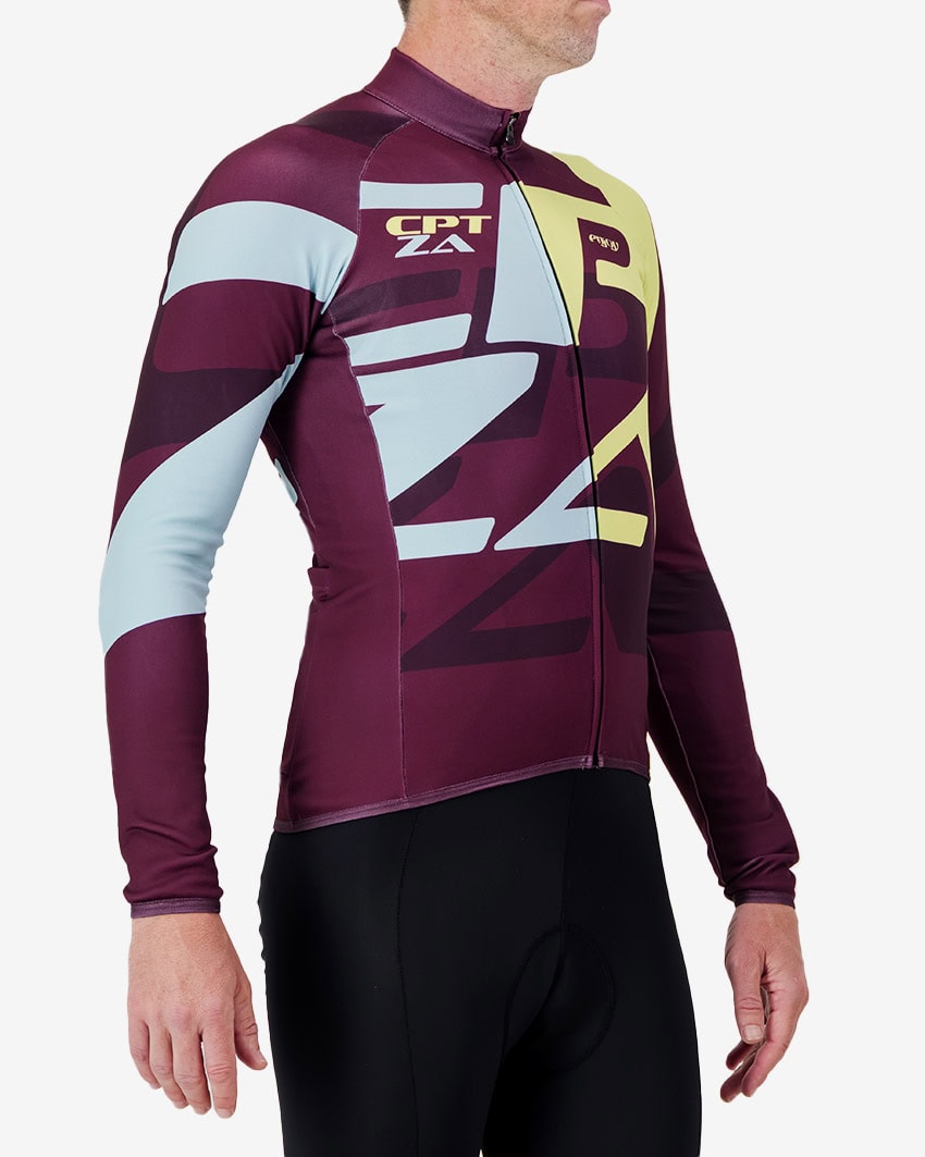 Side view of the Mens Cocoon fleeced cycling jersey in the plum Destination design by Enjoy.cc