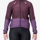 Front view of the Atom womens cycling jacket in colour blocked Pinotage design by Enjoy.cc