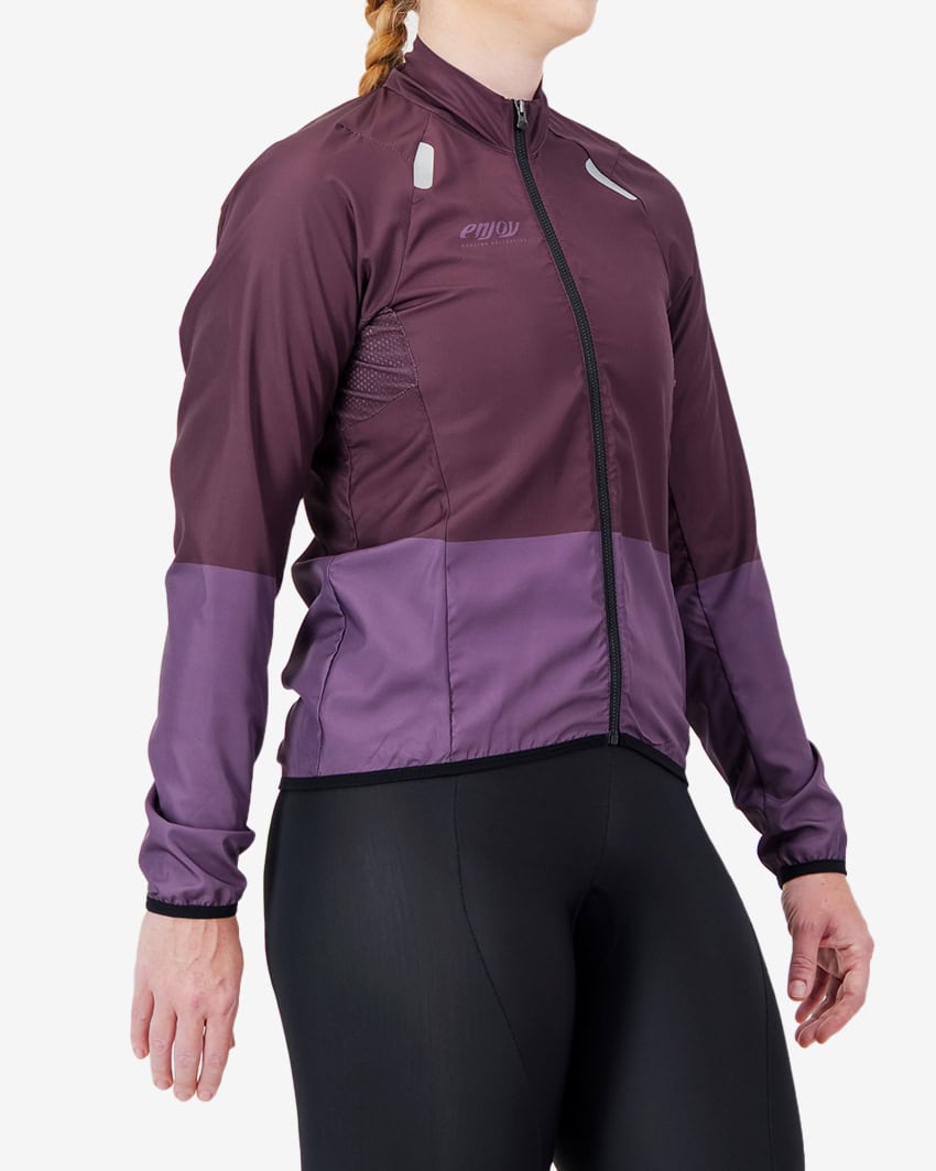Side view of the Atom womens cycling jacket in colour blocked Pinotage design by Enjoy.cc