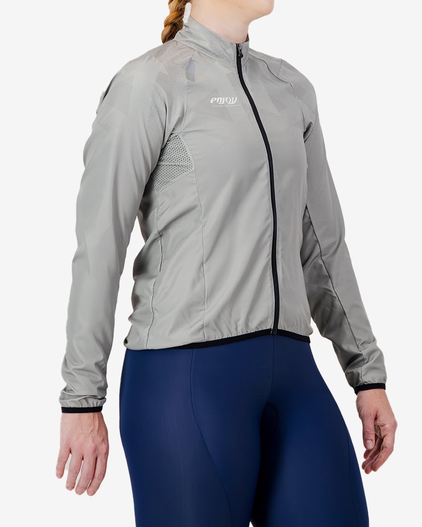 Side view of the Atom womens cycling jacket in minimal Putty design by Enjoy.cc
