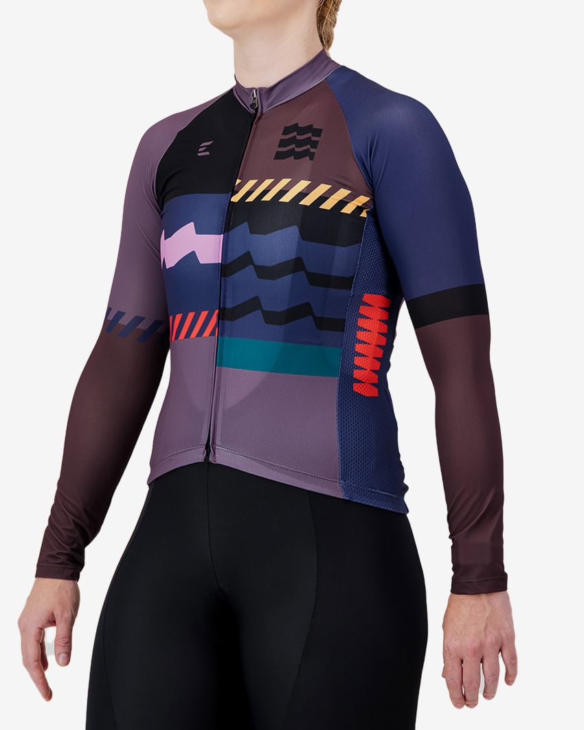 Left 3/4 view of the Supremium Womens long sleeve cycling jersey in Dark Geom design by Enjoy.cc