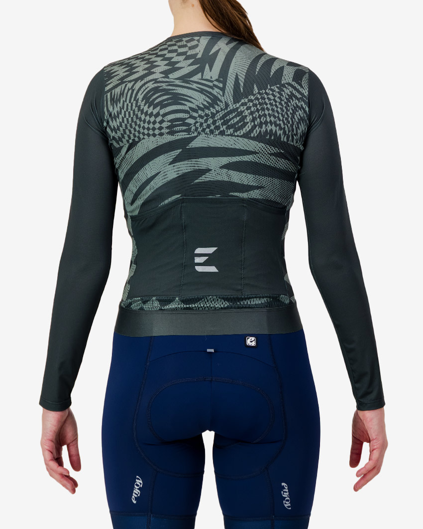 Back view of the Womens ProXision long sleeve cycling jersey in the forest warp design by Enjoy.cc