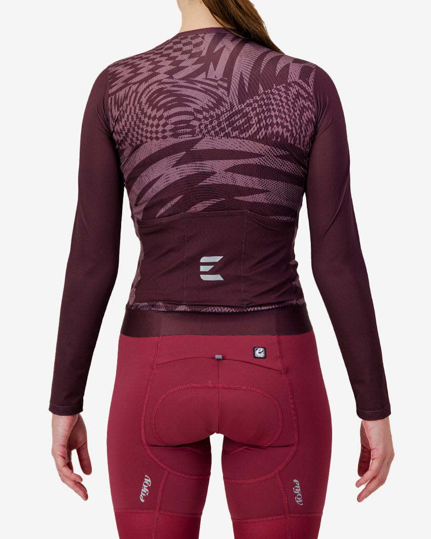 Back view of the Womens ProXision long sleeve cycling jersey in a pinotage warp design by Enjoy.cc