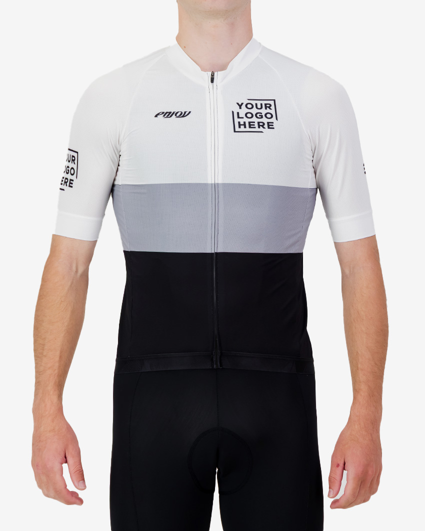 Mens-Cycle-Jersey-Octane-Semi-Custom-Greyscale-Front Front view of the Mens Semi Custom Octane cycling jersey in a greyscale block design Enjoy.cc