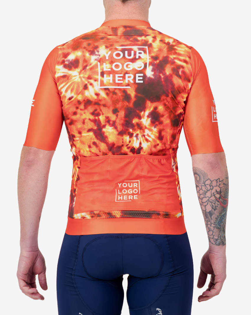 Back view of the Mens Semi Custom Proxision cycling jersey in a flame tie-dye design Enjoy.cc