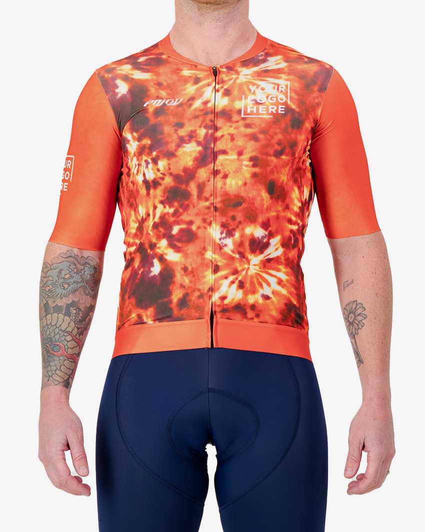 Mens-Cycle-Jersey-ProXision-Semi-Custom-Flame-Front Front view of the Mens Semi Custom Proxision cycling jersey in a flame tie-dye design Enjoy.cc