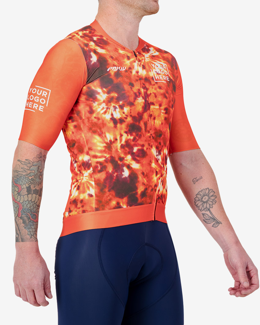 Side view of the Mens Semi Custom Proxision cycling jersey in a flame tie-dye design Enjoy.cc