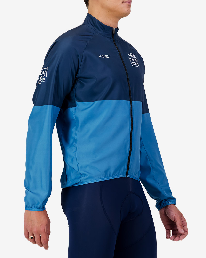 Side view of the Mens Semi Custom Atom cycling Jacket in a blue duo tone design Enjoy.cc
