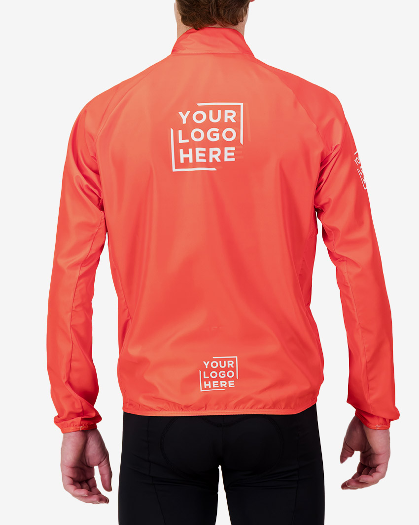 Back view of the Mens Semi Custom Atom cycling Jacket in a solid flame colour Enjoy.cc
